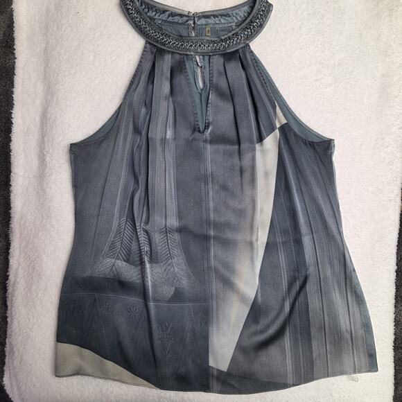 Elie Tahari Gray Printed Silk Braided Leather Neck Trim Sleeveless Blouse Medium - Picture 1 of 7